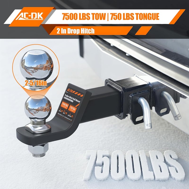 AC-DK Trailer Hitch Ball Mount for 2 inch Receiver,2 inch Drop Hitch,Tow Hitch with 2-5/16 inch Ball and Hitch Pin,7,500 lbs Capacity Ball Hitch, 750lbs Tongue Weight - Image 3